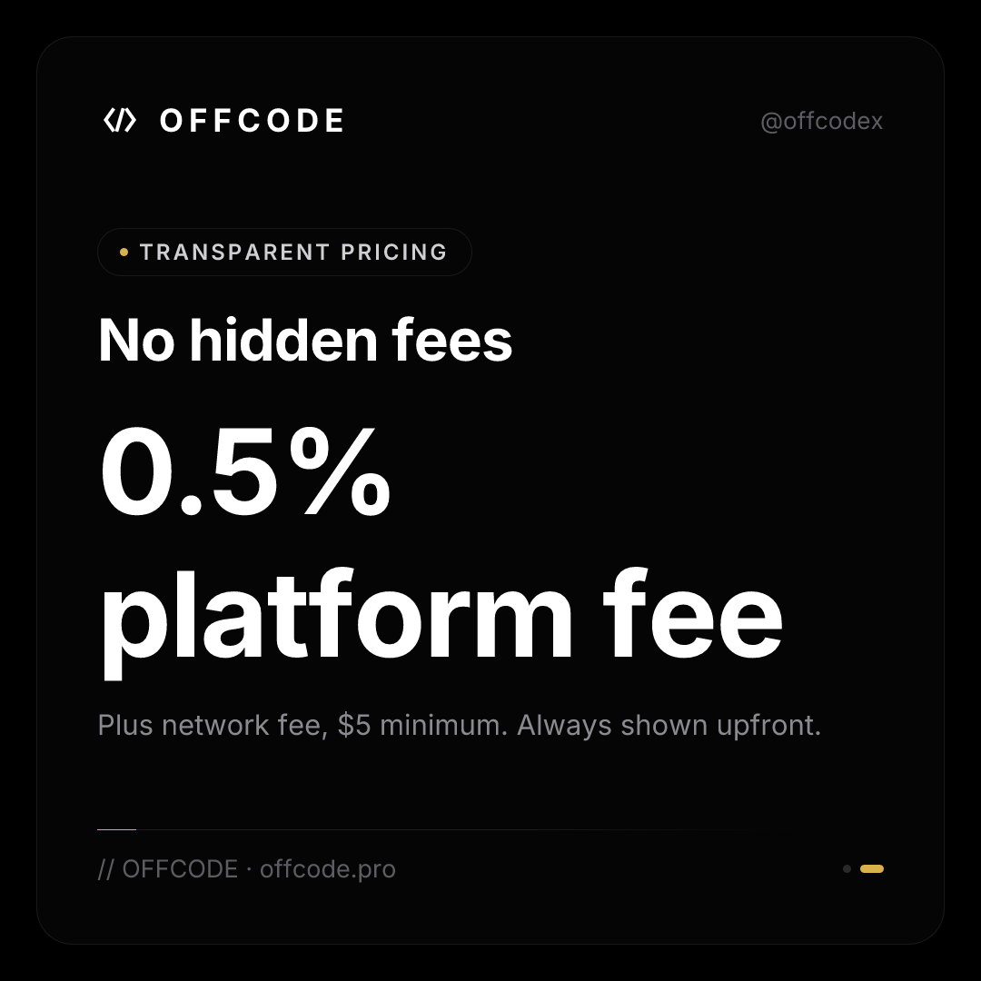 OFFCODEX's tweet photo. Withdraw to your own wallet—protected with address whitelisting, 2FA step-up, and email confirmation. All fees shown upfront: network fee + 0.5% platform fee, $5 minimum.

#SelfCustody #CryptoExchange #OFFCODE https://t.co/LC37W8srR6