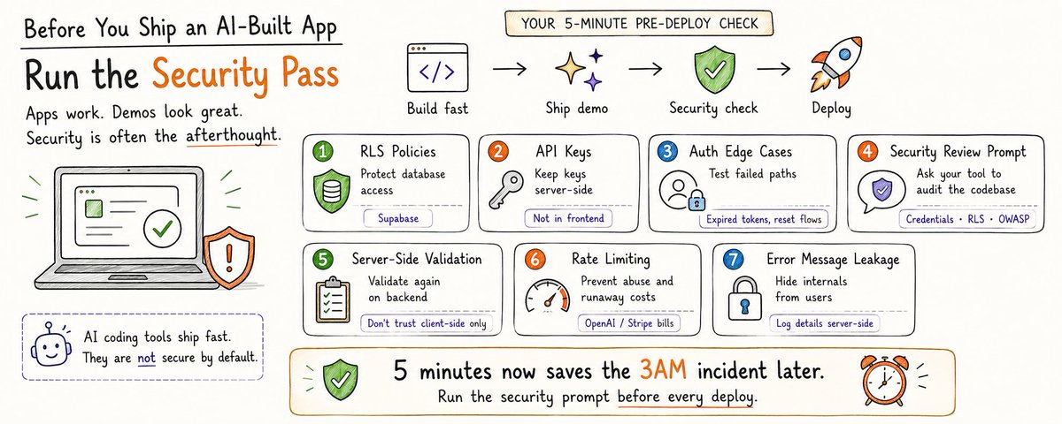 Seven-point pre-deployment checklist covering RLS policies, API keys, auth edge cases, security review, backend validation, rate limiting, and error leakage