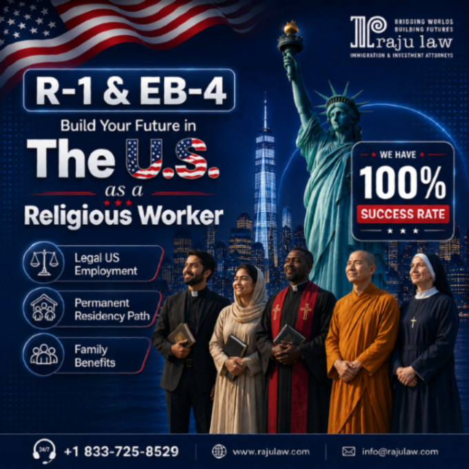 rajulawusa's tweet photo. Looking to serve in the U.S. as a religious worker? The R-1 visa may be your path, and eligible applicants may also qualify for EB-4 permanent residency. 🏆 Raju Law has a 100% success rate in R-1 & EB-4 cases. 📩 Contact us today.
#R1Visa #EB4 #USImmigration https://t.co/HEfwBMCLud