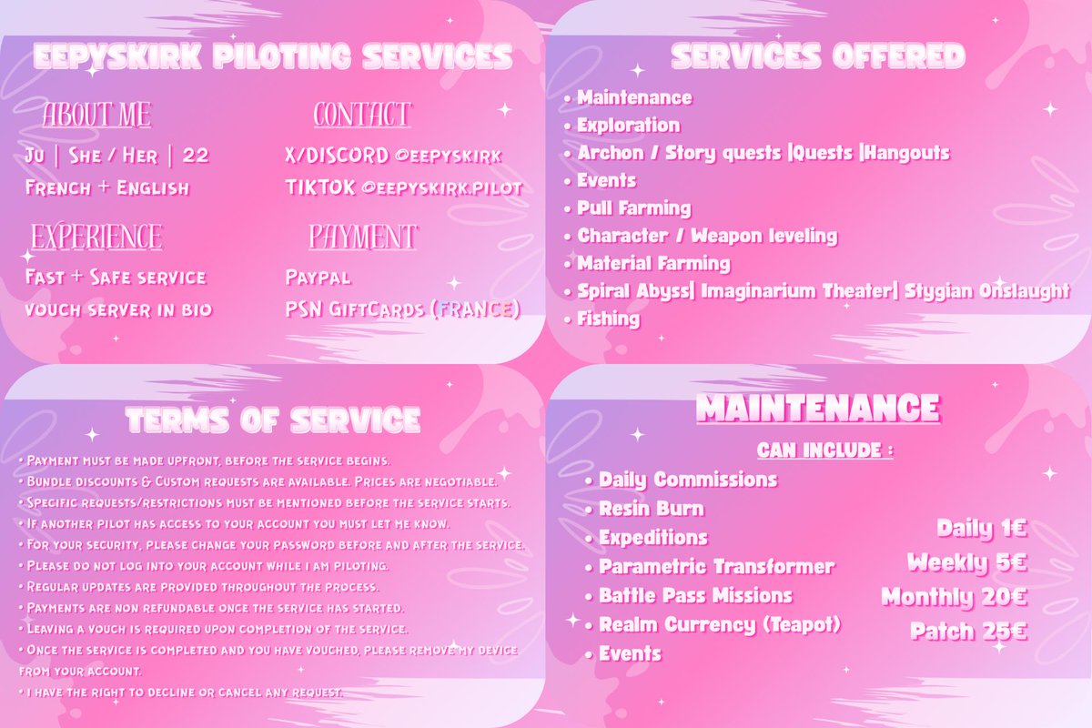 eepyskirk's tweet photo. Welcome to Ju's Piloting Services! 𝜗ৎ

need someone to take care of your account ? you've come to the right place!

i offer a variety of Genshin Impact piloting services!

Trusted pilot ✧ Vouches available on my DC server in bio ₍^. .^₎⟆

Any questions/custom reqs? Dm me! ❀ https://t.co/nhSU2F4Wib