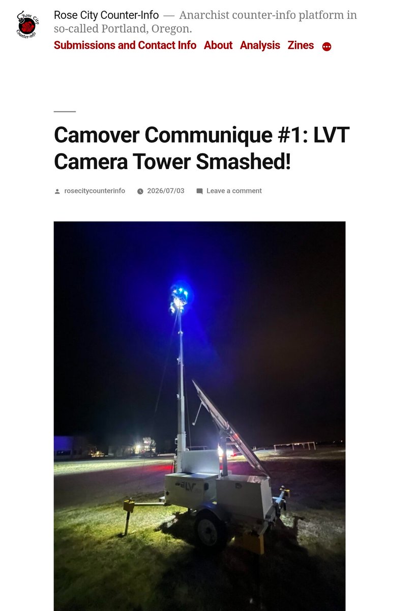 MrAndyNgo's tweet photo. Portland, Ore. (July 3) — Anarchists are distributing a zine on Antifa sites that encourages the destruction of surveillance cameras so that no footage is captured of them committing crimes and violence. The "game" is called "Camover Portland: Summer Games 2026," and it calls for extremists to form affinity groups (terror cells) and see who can get the highest "score" for the most cameras destroyed. 

The zine provides instructions on how to eliminate cameras, including Flock and residential Ring cameras. Antifa seek to destroy surveillance cameras in order to more effectively commit crimes, prevent prosecution, and hinder deportation efforts.  The stated purpose of the "game" is to get militants comfortable with committing low-stakes crimes in order to "build affinity, confidence, and skills together so we can be that much more incisive with our blows when things heat up."

Zines form the backbone of radicalization for Antifa and similar far-left extremists. The North Texas Antifa terror convicts had extremist zines, which is being white washed by left-wing media as a “book club.”

https://t.co/80YJHcbrpr