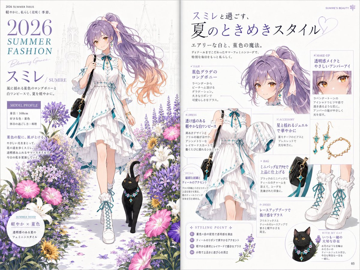 AIサマーファッション誌2026 #クールorシンプル 菫色のロングポニーを