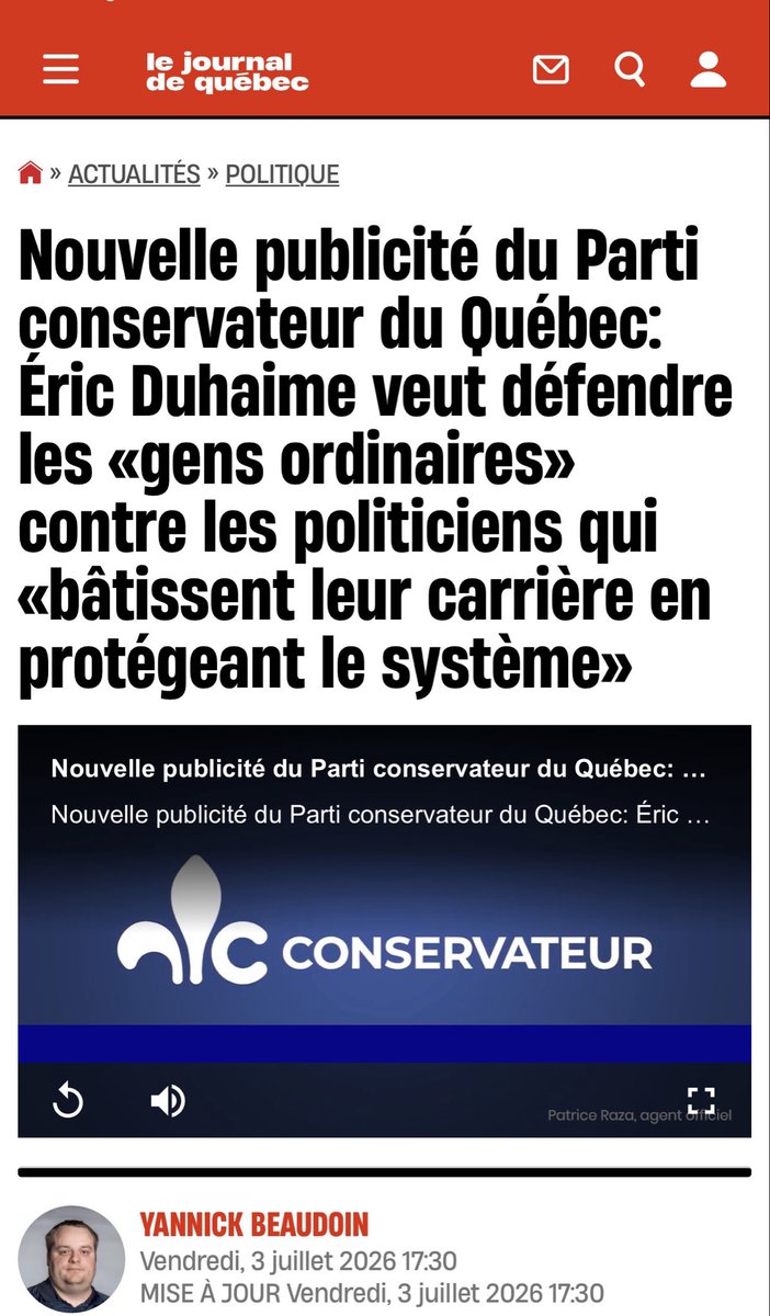 E_Duhaime's tweet photo. Le Parti conservateur lance une campagne publicitaire:

Le chef du Parti conservateur du Québec, Éric Duhaime, souhaite miser sur sa proximité avec les « gens ordinaires » pour tirer son épingle du jeu lors des élections provinciales.

Obtenue en primeur par TVA Nouvelles, la nouvelle publicité du PCQ met de l’avant le chef du parti, qu’on peut voir aller à la rencontre de plusieurs citoyens.

Éric Duhaime mentionne qu’il n’a jamais été celui qui « courait après les titres » et qu’autant dans son parcours politique que médiatique, il a fait sa marque en « posant des questions, en bousculant les idées reçues, en prenant la parole quand d’autres préfèrent se taire ».

« Je crois que les gens ordinaires méritent quelqu’un prêt à dire tout haut ce que plusieurs pensent tout bas. Ce que j’ai appris, c’est simple : il y a trop de politiciens qui bâtissent leur carrière en protégeant le système plutôt qu’en se battant pour les gens qui les ont élus », soutient le politicien.

Le chef conservateur indique avoir rencontré des familles peinant à payer leur épicerie et leur hypothèque, des entrepreneurs « à bout du rouleau à cause des charges gouvernementales », des jeunes inquiets de ne jamais pouvoir devenir propriétaires et des aînés qui n’ont pas accès au système de santé.

« C’est pour ça que je suis ici, c’est parce que je viens d’ici que je veux me battre pour vous », conclut-il.