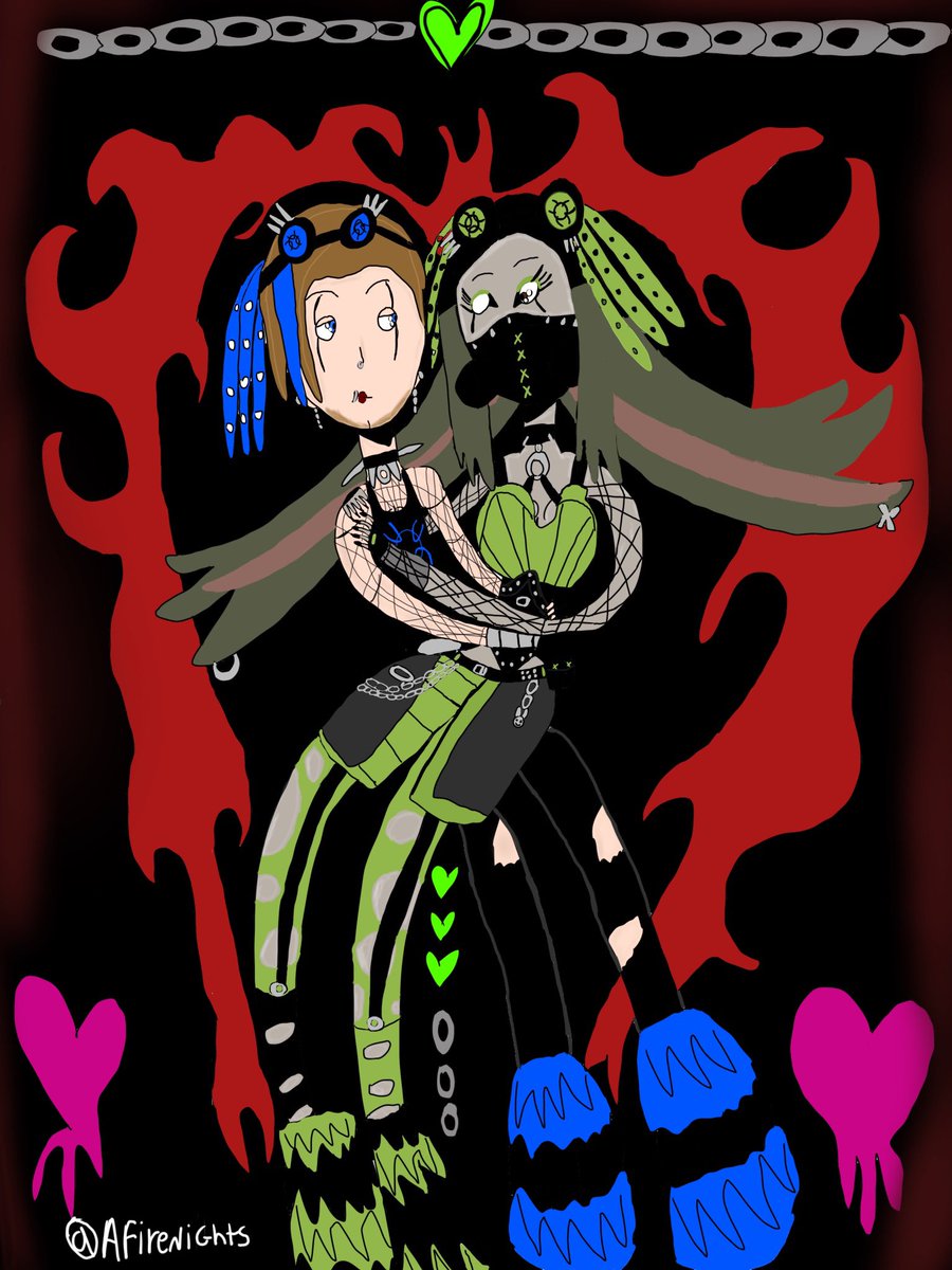 AFirenights's tweet photo. Art attack on @zombiyh 🖤

I didn’t know which one of Penni’s outfits to do so I chose the CyberGoth one, because I loved the colors💚

I designed Leon’s Cybergoth look myself.

#ArtFight #LeonKennedy #OcxCanon #yumeship #ResidentEvilㅤ https://t.co/LbPIlTfDjG