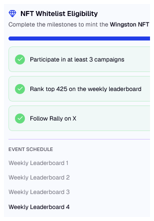 iMithrandir_'s tweet photo. ☑️ I got my Wingston NFT WL the non-degen way, proof below.

I joined Rally campaigns, submitted work, got on the leaderboards, and earned my WL spot before July 7th.

The official path is simple, but here is how I’d actually read it:

→ Join 3+ Rally campaigns, and pick briefs where you can bring a real take. Some are original enough to make posting fun again.
→ Finish Top 425 on the weekly leaderboard. Rally is still early enough that smaller accounts can claw their way in.
→ Follow @RallyOnChain on X. Notis on, at minimum. Mint info moves fast.

And that is the full whitelist route. Simple on paper, but you still have to show up and make it land.

Wingston NFT is Rally’s free mint: 3,000 NFTs on Ethereum. But the gate is not capital. It is creator proof, and the leaderboard does the filtering.
You just create, submit, score, adjust, and climb. And if your work lands, you can earn access before mint day.

After mint, Wingston NFTs plug back into Rally with real utility: daily RLP staking, VIP holder access, and a future Rally Score boost.

So, do the work first. Earn the spot. Mint on July 7th. 🐾