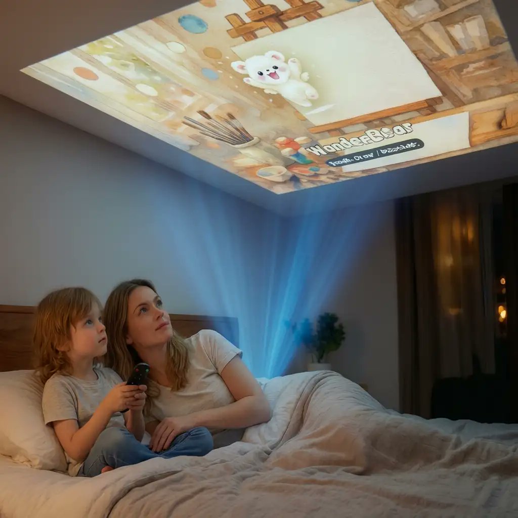 bvtuber1's tweet photo. Bedtime, reinvented. Your child dreams up a story; WonderBear's AI illustrates and narrates it on the wall. No handheld screen. 76 languages. Seeking distributors worldwide. #KidsTech #AIToys #ScreenFree https://t.co/K9SyaJzPcM