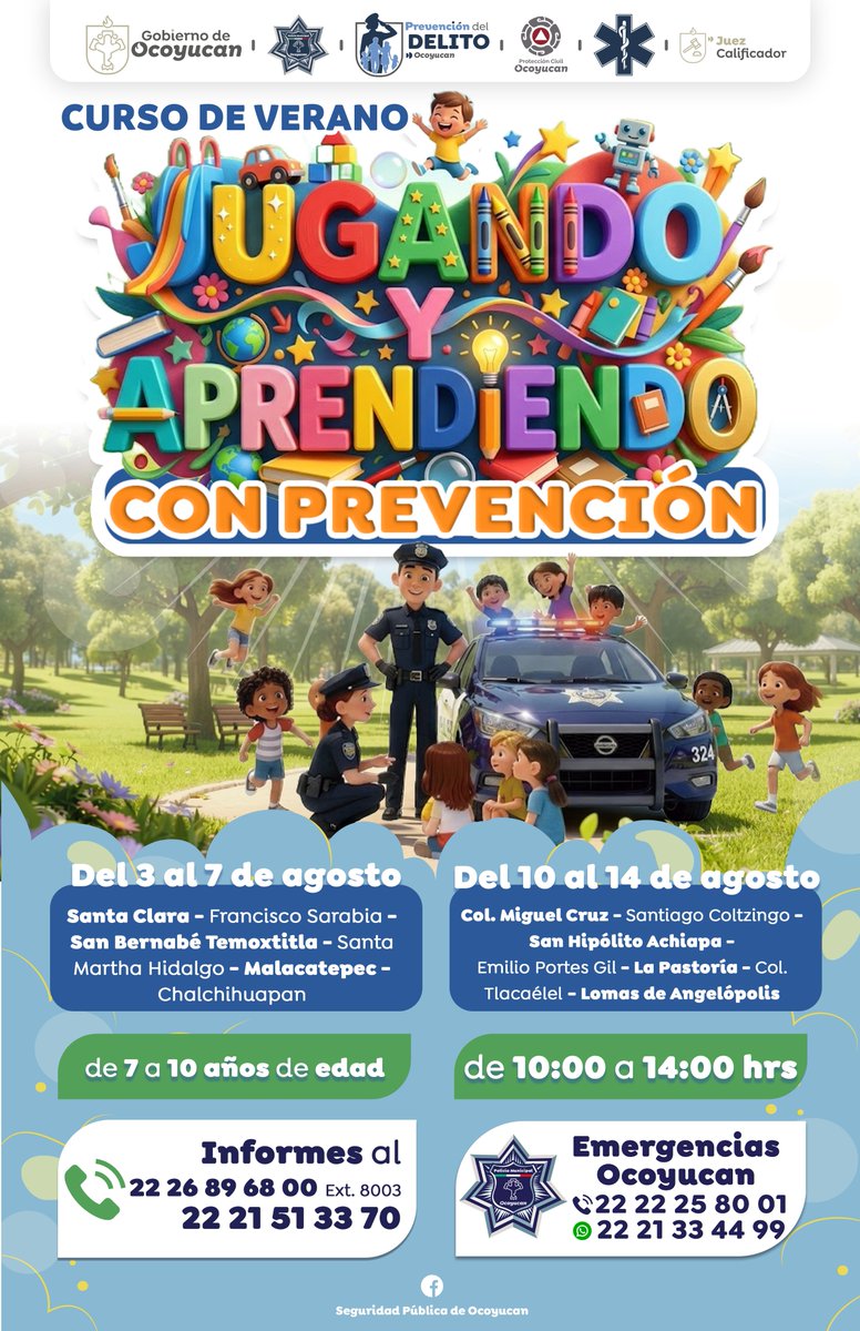 AytoOcoyucan's tweet photo. ☀️👧👦 ¡Inscripciones abiertas!

Participa en el curso de verano "Jugando y Aprendiendo con Prevención" para niñas y niños de 7 a 10 años.

⏰ 10:00 a 14:00 h
📞 Informes:
22 26 89 68 00 Ext. 8003
22 21 51 33 70

#Ocoyucan #CursoDeVerano #Prevención https://t.co/jqyVwz5dnQ