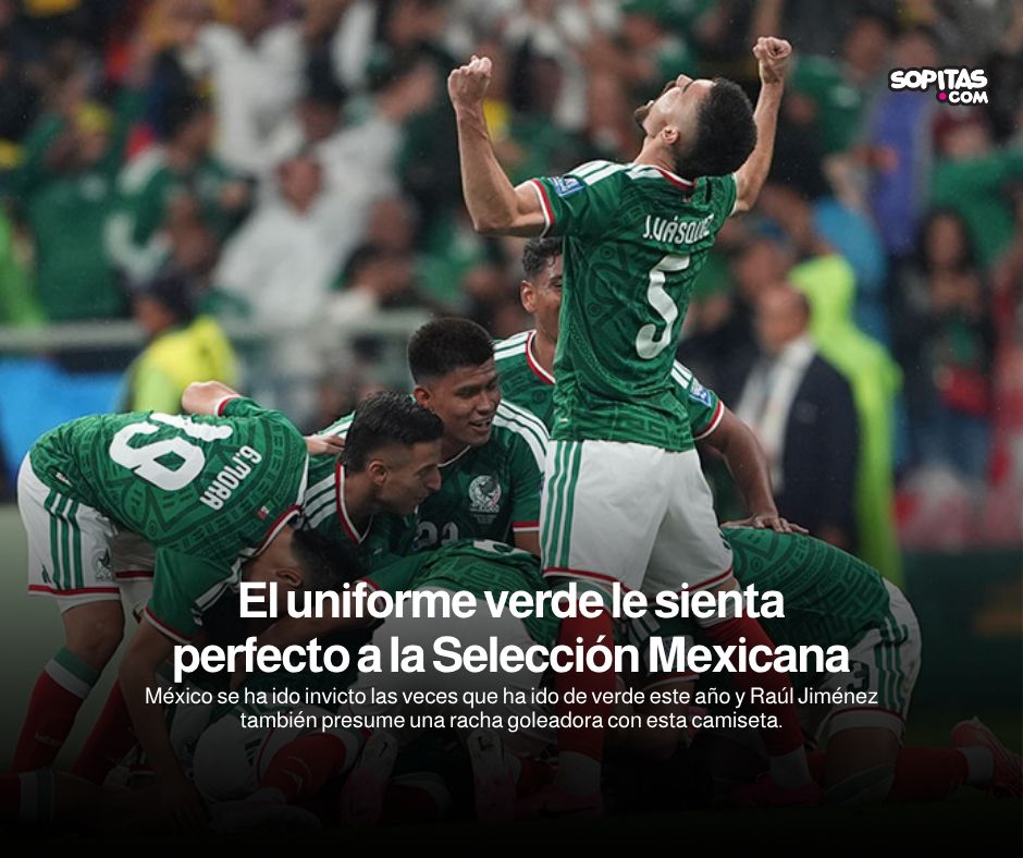 sopitas's tweet photo. ¿Será que el uniforme verde trae suerte? La Selección Mexicana está invicta con esa camiseta en 2026: suma cinco victorias, 14 goles y apenas uno en contra. Además, Raúl Jiménez parece tener una relación especial con ese jersey 💚 https://t.co/3OyeRQbtB3 https://t.co/Bio7gvQiVL