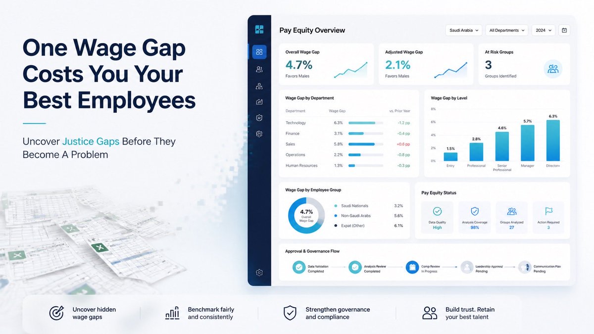 totalrewardapp's tweet photo. One pay gap… and your top performer becomes someone else’s new hire.

Total Reward App flags pay equity gaps instantly, no manual audits, no scattered Excel files.

Built from the ground up for salary structures in Saudi Arabia and the Gulf, bilingual Arabic/English. https://t.co/lfISiPEnDx