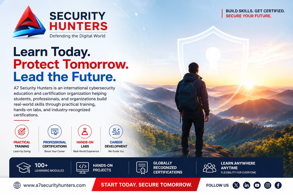 A7SecHunters's tweet photo. 🚀 Start your #CyberSecurity journey with A7 Security Hunters!

Learn Ethical Hacking, Penetration Testing, Network Security, Linux, Python &amp; Digital Forensics through hands-on online training.

Enroll now: https://t.co/PcpgErp5OW

#CyberSecurityCourse #EthicalHacking #PenTesting https://t.co/6FNAxzhzKE