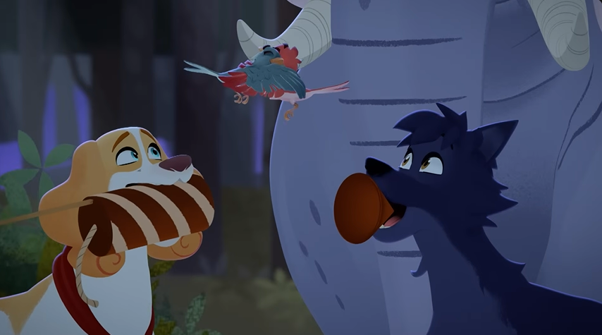 BelfortLupinFan's tweet photo. After Belfort &amp; Lupin save Artus (red bird) best friend Marcus (blue bird), more fireworks scare them all, especially Lupin who hates fireworks. 
Come on Belfort, give your dear garden wolf some comfort huh. 🧡💙
#belfortandlupin #belfortxlupin #belfortetlupin #belfortylupin https://t.co/TD51PrEVzw