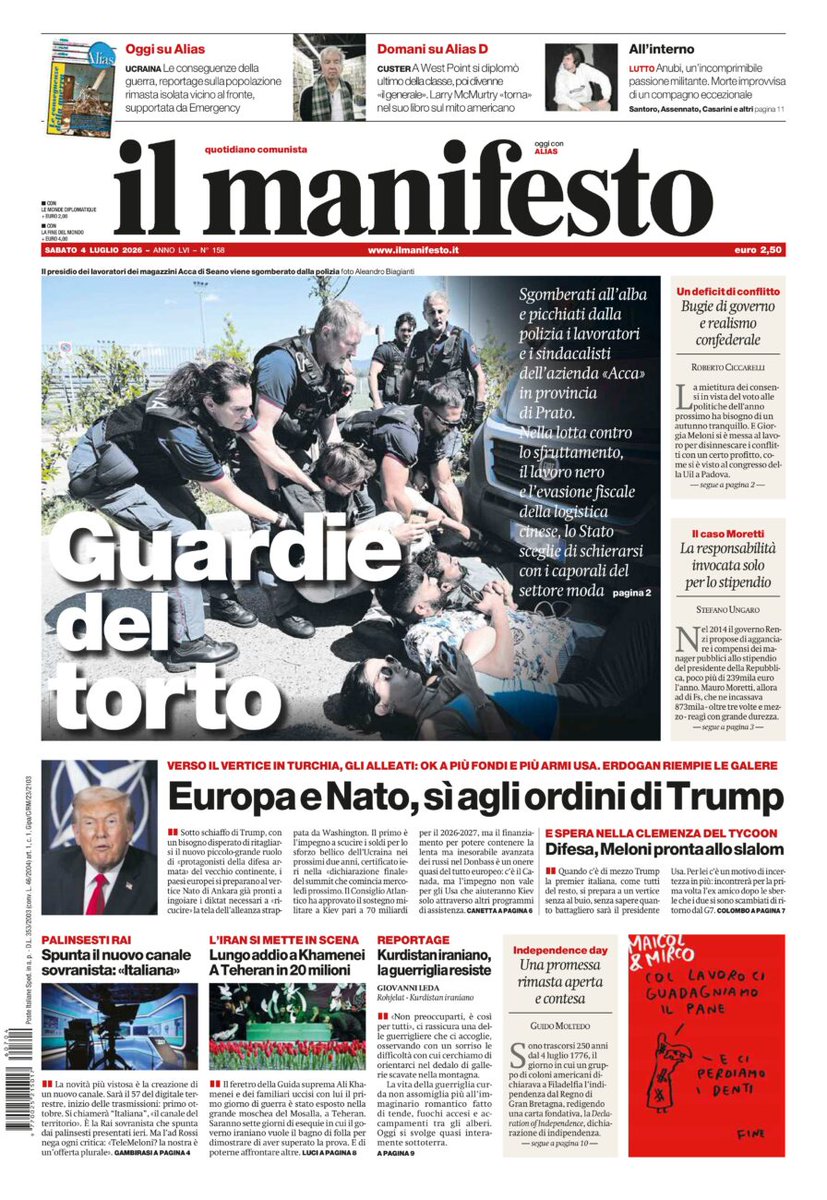 ilmanifesto's tweet photo. Sgomberati all’alba e picchiati dalla polizia i lavoratori e i sindacalisti dell’azienda «Acca» in provincia di Prato. Nella lotta contro lo sfruttamento, il lavoro nero e l’evasione fiscale della logistica cinese, lo Stato sceglie di schierarsi con i caporali del settore moda https://t.co/QvgkuDJuLY