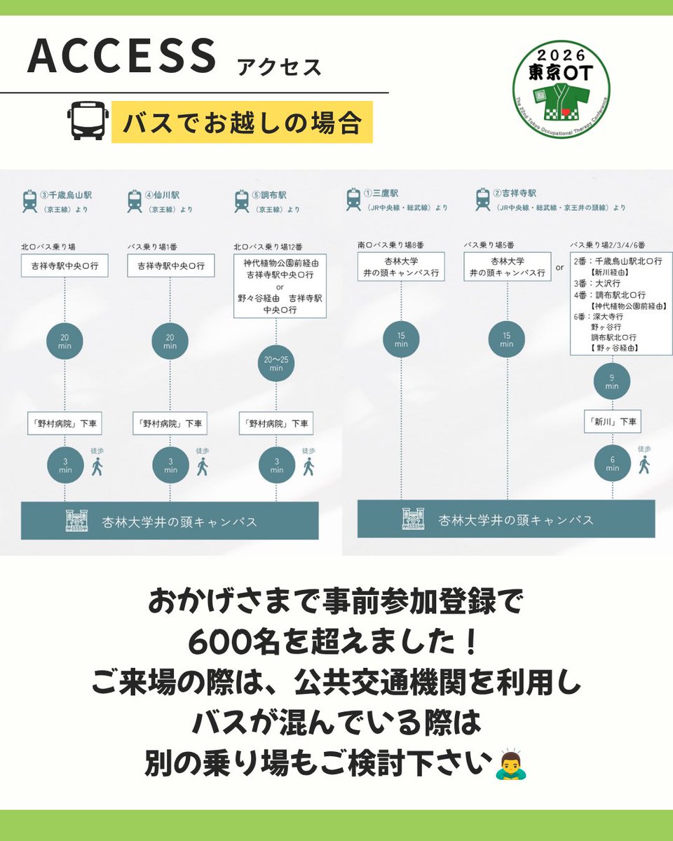 22tokyootgakkai's tweet photo. #2026東京OT学会
【ご来場前のお願い📢】
ご来場の際は公共交通機関をご利用ください🚌
バスが混雑している場合は、別の乗り場のご利用もご検討ください。
また、当日はCOOL BIZを実施します👕
暑さに合わせた服装でお越しください！
皆さまのご来場をお待ちしております！ https://t.co/8xVwBaqwxQ