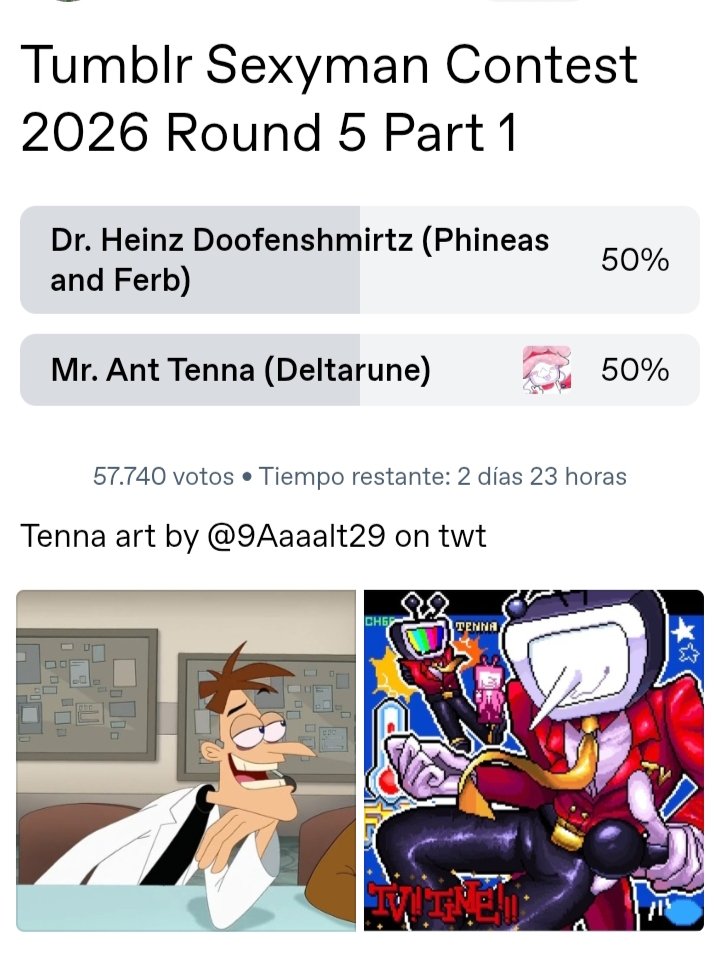 ThatTennaFan's tweet photo. I can't believe Tenna beat Caine only to then lose to Doof 😭😭😭 but I think it's because a lot of people still have Deltarune tags blocked to avoid spoilers and because the person who made the poll is biased towards Doof
Please vote for tenna 😭 
https://t.co/w0RFaFUYfM https://t.co/0HYDvpYNof