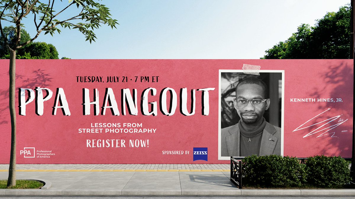 OurPPA's tweet photo. Join us for a special PPA Hangout with Kenneth Hines Jr. @professorhines, on July 21 at 7 pm ET! https://t.co/vN1lJ7Vy3a

Kenneth will explore how photographers can approach travel with intention + find inspiration in familiar places. Sign up! 💻

🤝 @ZEISS_Group / @ZEISSLenses https://t.co/wZ2gcjHNmG