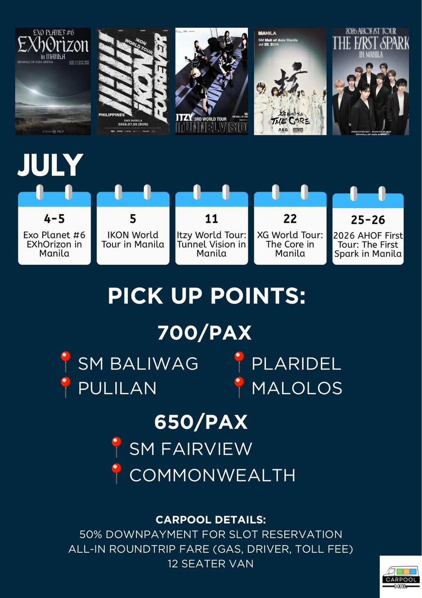 tseskadr_'s tweet photo. ‼️LOOKING FOR PASSENGERS‼️

🌟 EXO PLANET #6: EXhOrizon in Manila
( Day 1: 2 SLOTS / Day 2: 5 SLOTS )
🌟 IKON: 2026 World Tour in Manila
( 5 SLOTS LEFT )

🕙 10AM START PICK UP TIME

RESERVE YOUR SLOTS NOW! ~ 💗
 
#EXHORIZON_IN_Manila
#IKON_FOUREVER_IN_Manila 
#CarpoolMNL https://t.co/AHs4o7BLoz