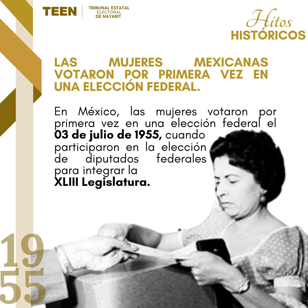 trieenmx's tweet photo. 03 de julio de 1955 | En México, las mujeres votaron por primera vez en una elección federal el 03 de julio de 1955, cuando participaron en la elección de diputados federales para integrar la XLIII Legislatura. https://t.co/ai9QJuIX6v