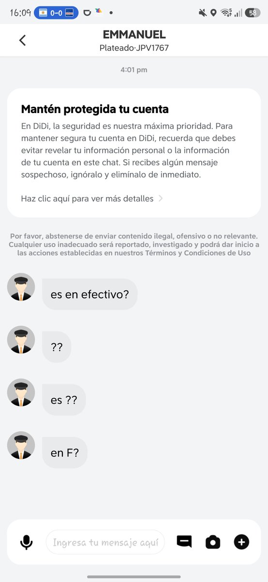 Uslzrg's tweet photo. @DiDi_Mexico que aplica con estos conductores que me preguntan si es en efectivo y en vez de dirigirse hacia mi se aleja y yo pierdo tiempo por sus conductores y si yo cancelo yo pierdo y el conductor sigue trabajando https://t.co/3TRcgF4q9R