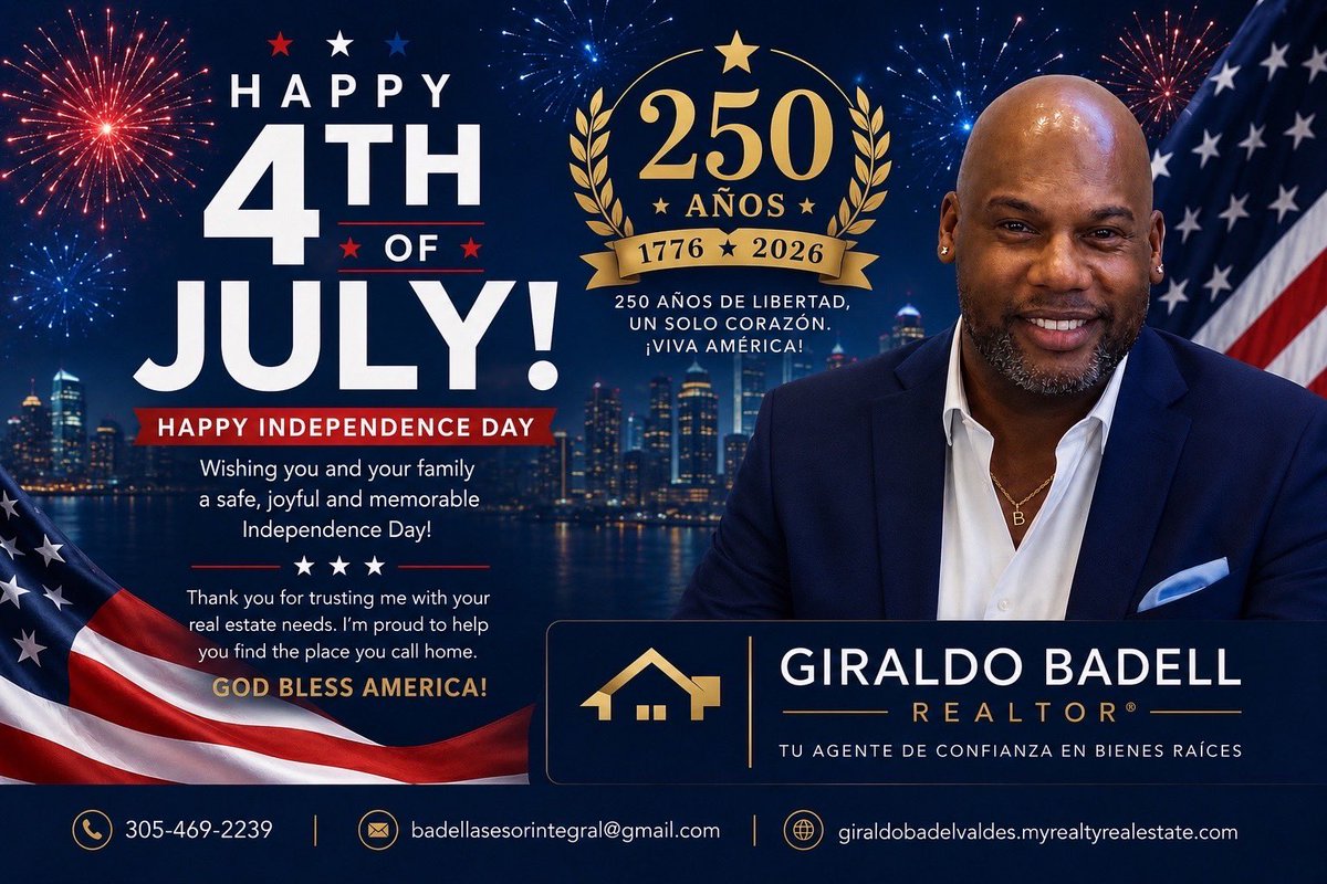 Badell_Realtor's tweet photo. 🇺🇸 Happy 4th of July! Celebrating 250 Years of America! 🇺🇸

Hoy celebramos la libertad, la unión y las oportunidades que hacen de este país un lugar especial para tantas familias.

Este año, además, conmemoramos un momento histórico: 250 años de la Independencia de los Estados. https://t.co/h8FG8kSBYZ