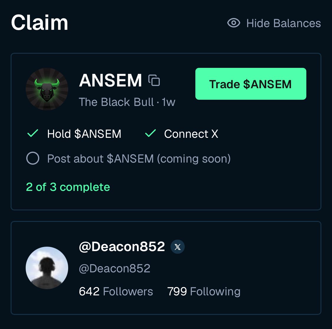 Deacon852's tweet photo. $ANSEM AIRDROP Claim page has been added on Bullpen.

TL;DR:

@blknoiz06 wants holders to link their X account and wallet to verify they’re real users.

Prevent multi-wallet farming, and make sure future $ANSEM airdrops go to genuine, active community members who post and trade on @BullpenFi.

Head to: https://t.co/2xlWD7Wh9e

Create an account and import the wallet holding your ANSEM.
Click “Join Ansem” in the top-left corner.
Connect your X account.
Post about Ansem (coming soon).

Your ANSEM balance, how long you’ve been holding, and your X impressions will all be displayed.