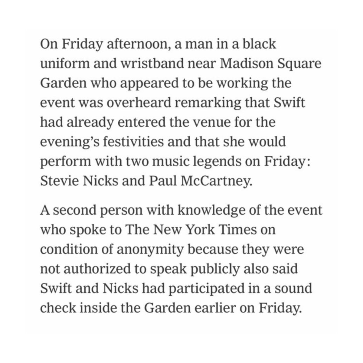 swifferupdates's tweet photo. 💍| According to the NYT, Taylor Swift and Stevie Nicks had a soundcheck early on Friday 👀 https://t.co/thSMuyzBvT