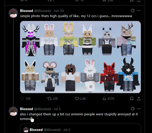blameitseb's tweet photo. @BIoxxedz Gets called out for adding legit unnecessary curves to a ids game avatar. Changes it rudely because said op got called out. Uses excuse of 'Kids shouldn't be on twitter.' Then says they were groomed into it. Which is it Bloxxedz? Better keep your story straight. https://t.co/V0S9EFKVUS