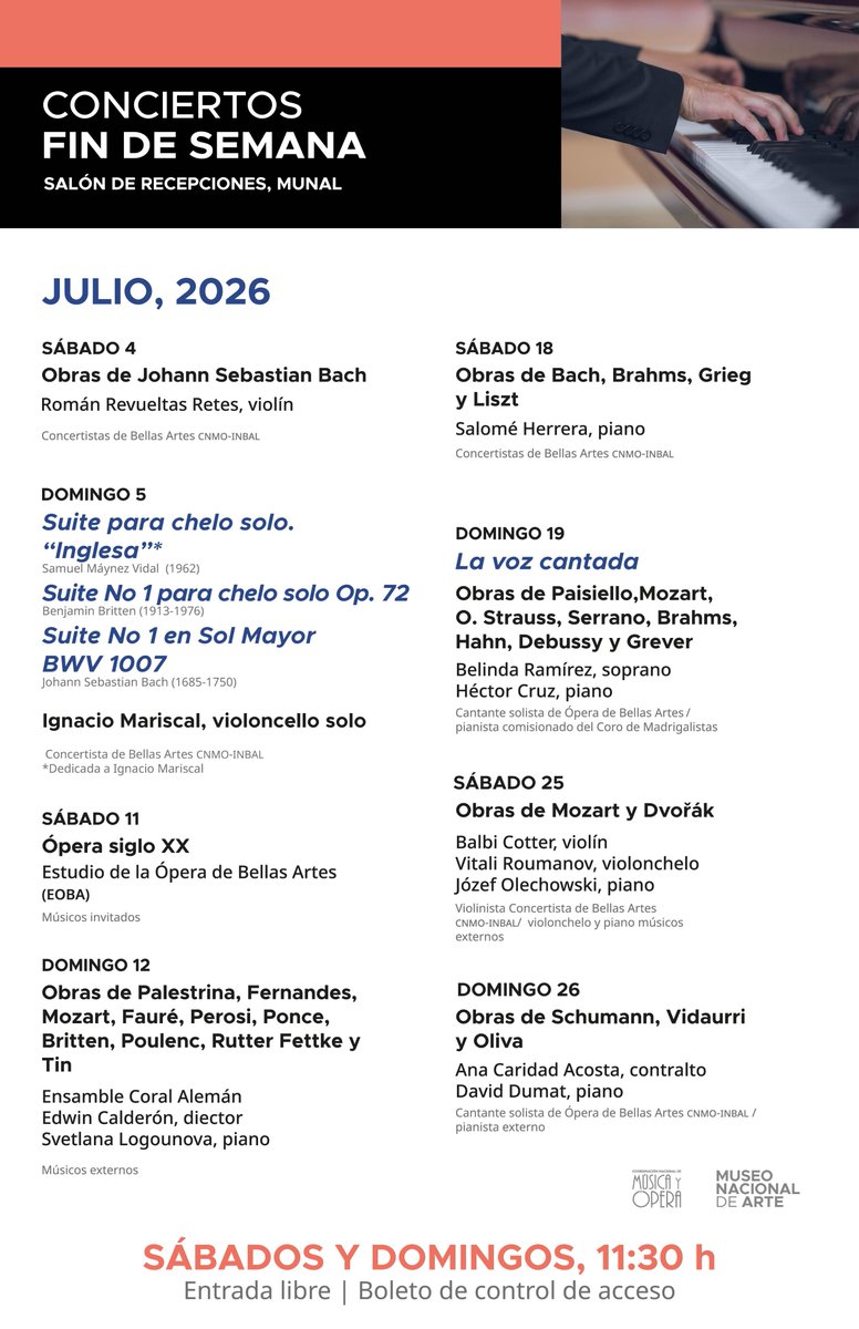 MUNALmx's tweet photo. ¡Musicaliza tu fin de semana en el MUNAL!

Ven y disfruta de los conciertos gratuitos de la Coordinación Nacional de Música y Ópera en el Salón de Recepciones 🎻🎼

Te esperamos los sábados y domingos a las 11:30 h

La entrada es libre con cupo limitado. https://t.co/PR0Sbd1M7z