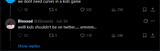 blameitseb's tweet photo. @BIoxxedz Gets called out for adding legit unnecessary curves to a ids game avatar. Changes it rudely because said op got called out. Uses excuse of 'Kids shouldn't be on twitter.' Then says they were groomed into it. Which is it Bloxxedz? Better keep your story straight. https://t.co/V0S9EFKVUS