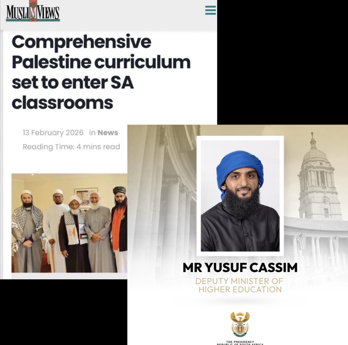 DeliaByliefeldt's tweet photo. While many South African children continue to struggle with basic literacy and numeracy, and many schools face serious challenges, a “Comprehensive Palestine Curriculum” is reportedly being introduced into classrooms, with support from the United Ulama Council of South Africa (UUCSA) and the Muslim Judicial Council (MJC). 

The initiative has also drawn increased public attention following the appointment of Deputy Minister of Higher Education Yusuf Cassim.

According to its developers, the Islamic Curriculum Initiative (ICI) created the curriculum to teach the spiritual and historical significance of Palestine as the "Holy Land."  It presents the conflict through themes including “justice, oppression, occupation, colonialism, dispossession, and resistance.”

Additional teaching resources reportedly include "Palestine Poetry & Arts" for Grades 4–12, featuring Gaza-themed poetry exploring the experiences of children, loss, resistance, and concepts of “divine justice”.

🇿🇦 South African Parents: Is this what you want for your children?