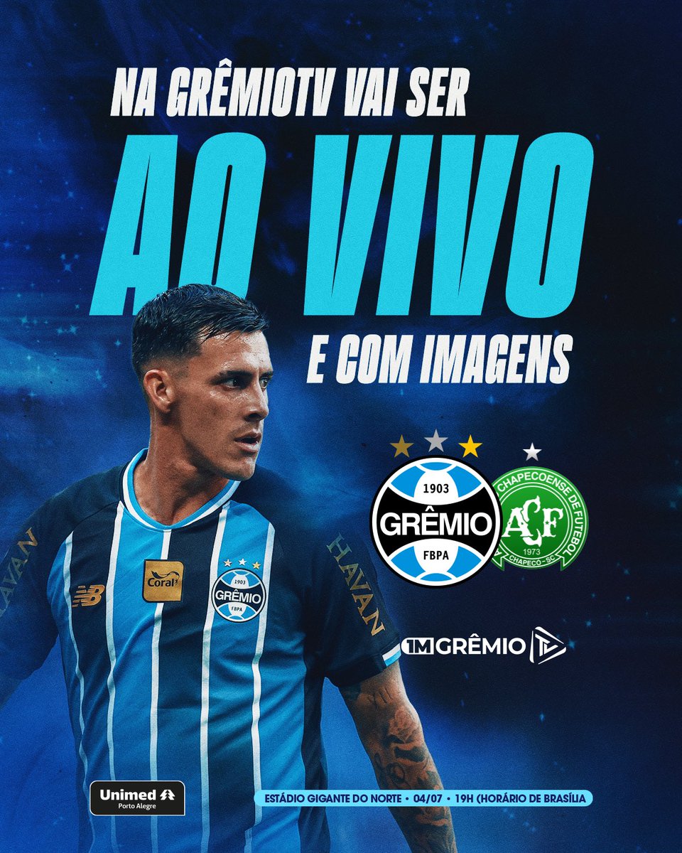 Gremio's tweet photo. Sábado de transmissão na GrêmioTV! 🇪🇪🎥 Direto de Sinop, vamos acompanhar AO VIVO e com IMAGENS o amistoso entre Grêmio e Chapecoense. Bora torcer com a gente e não perder nenhum lance!

📲 Já ativa a notificação: https://t.co/YdMHcpbTbR https://t.co/so85GqsGIe