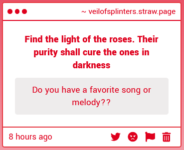 VeilofSplinters's tweet photo. I like calmer music. It's better for when I work.
I do have a melody stuck in my head, I suppose it's that "thing" that keeps playing it over and over again in my head. It's a small piano melody. Whatever I do, it keeps playing in my head as if I've known it all my life. https://t.co/jDO2bKWmIo