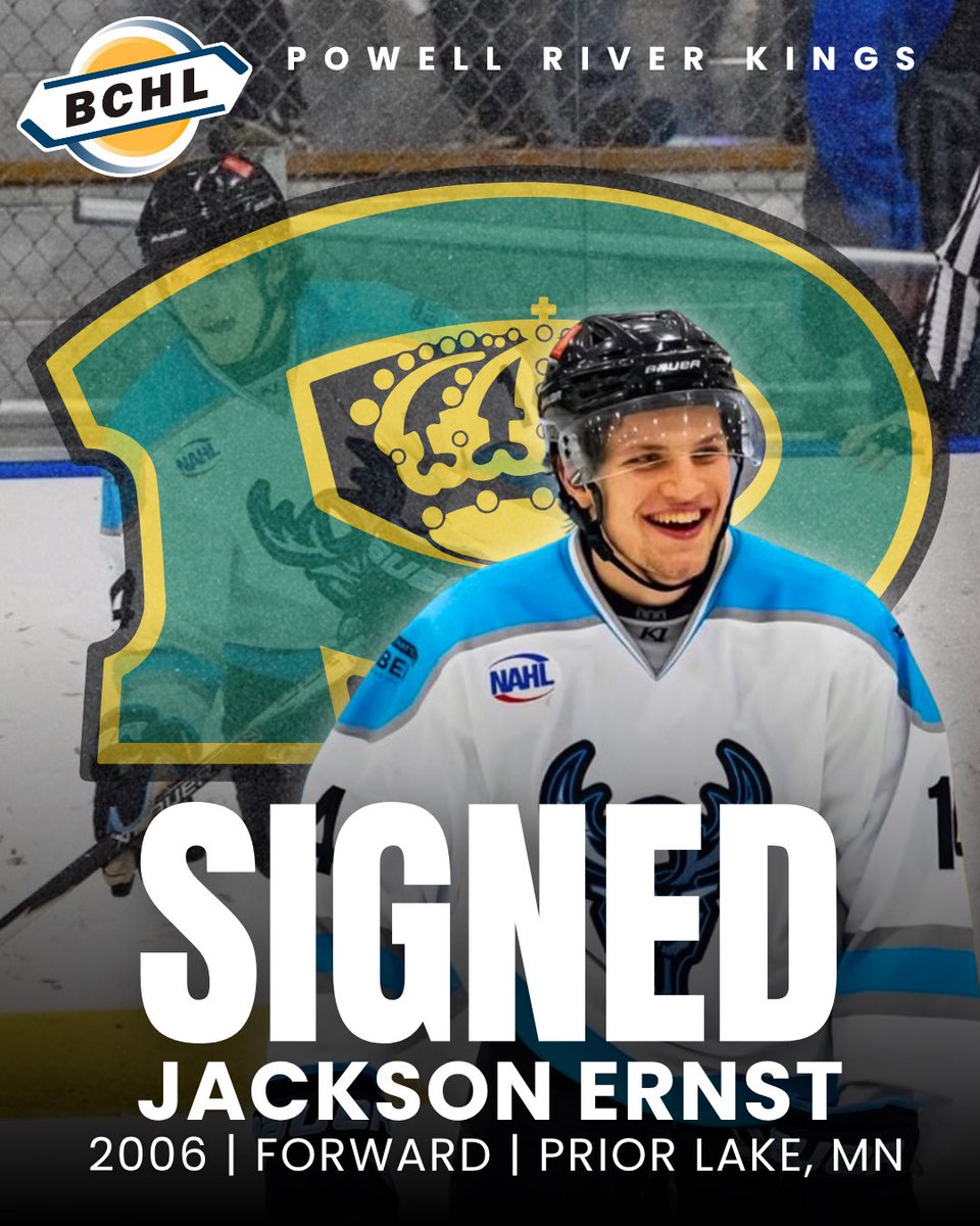 BCHLKings's tweet photo. Powell River Kings sign forward Jackson Ernst!

The 6’0” right-shot 2006-born player from Prior Lake, MN brings NAHL &amp; BCHL experience. 

GM Tyler Kuntz: “He’s a fast aggressive player… a leader, great teammate &amp; great fit for the Kings!”

Full release: https://t.co/OQrTWLEa6r https://t.co/M9PGfmXdEy
