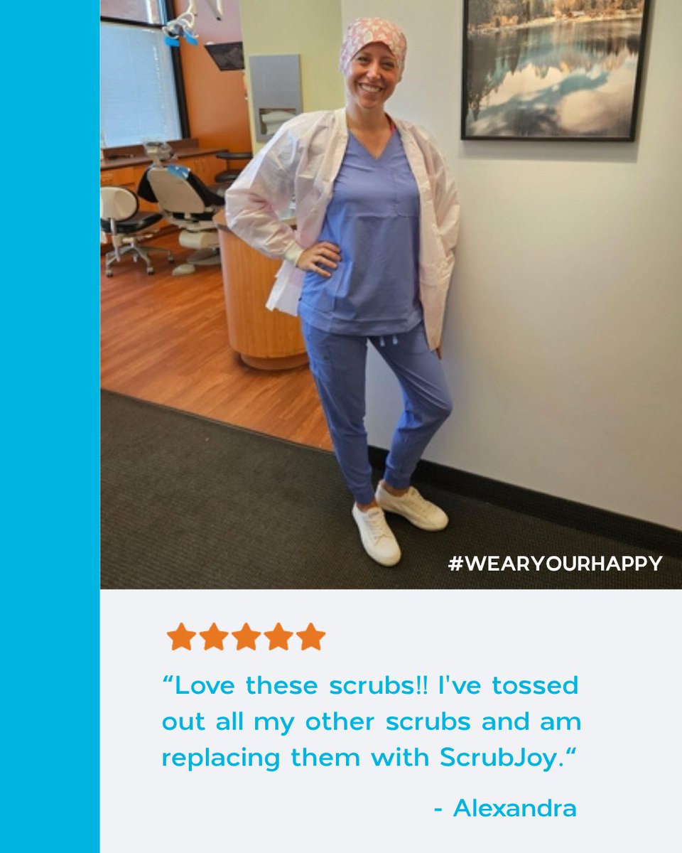 ScrubJoy's tweet photo. "Love these scrubs!! I've tossed out all my other scrubs and am replacing them with ScrubJoy. They are super soft and tailored fit. Wearing scrubs all the time can make you feel very slouchy... not in these!" - Alexandra #WearYourHappy #ScrubJoy #Scrubs https://t.co/BYdl2DqcBF