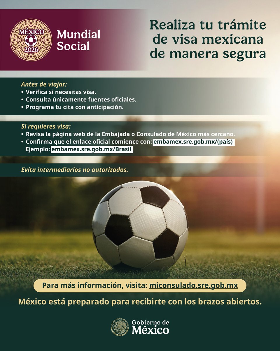 EmbaMexCol's tweet photo. ⚽ Si viajarás a México durante el Mundial 2026, realiza tu trámite de visa de manera segura en caso de requerirlo.

Consulta únicamente fuentes oficiales y evita intermediarios no autorizados.

👉 Infórmate en: https://t.co/W8h49iWKAf

México está listo para recibirte. 🇲🇽 https://t.co/foaWD9NBAh