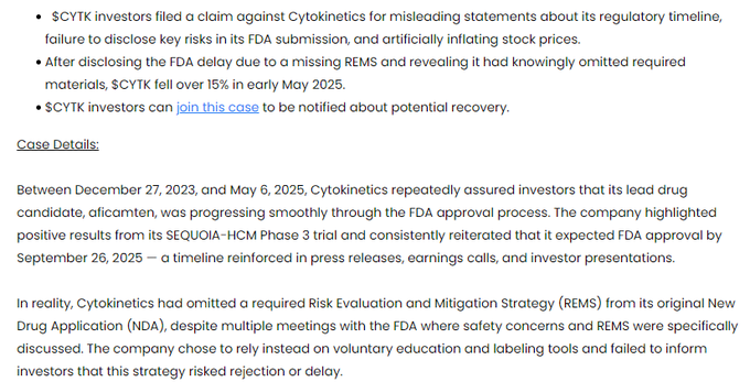 11thestate's tweet photo. $CYTK investors — in case you missed the latest.                  

A new case was filed against #Cytokinetics. Here are the key details.                  

Worth checking — and don’t forget to join so you don’t miss any updates or potential payouts. https://t.co/7HyYHsjTax