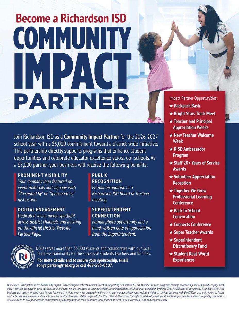 RichardsonISD's tweet photo. Is your business or organization looking for a way to make an impact? 

Through meaningful partnerships with businesses and organizations, RISD can expand opportunities, experiences, and support for our students, staff, and families.

✨ See how you can make a difference through the RISD Community Impact Partner Program!

For more details and to secure your sponsorship, email sonya.parker@risd.org.