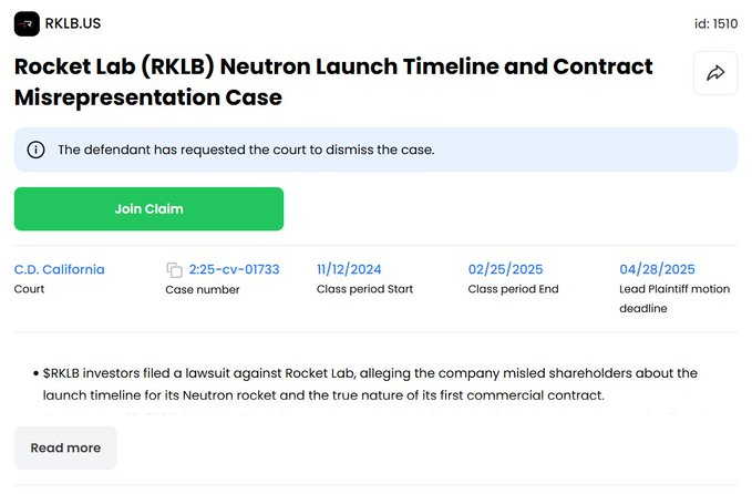 11thestate's tweet photo. Following up on the latest around $RKLB:              

Here’s a case filed by investors that’s worth a look.               

In the middle of all the headlines, this one could actually lead to real recovery. Don’t miss out. #RKLB #RocketLab https://t.co/mQlFgZvOhI
