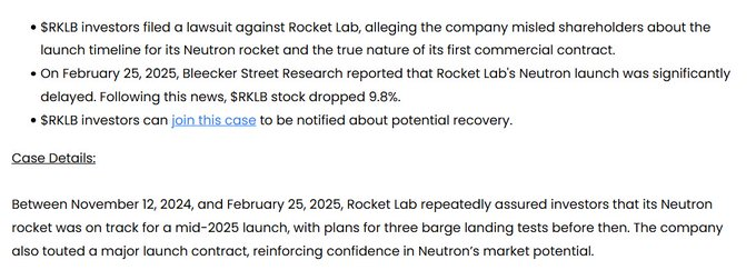 11thestate's tweet photo. Following up on the latest around $RKLB:              

Here’s a case filed by investors that’s worth a look.               

In the middle of all the headlines, this one could actually lead to real recovery. Don’t miss out. #RKLB #RocketLab https://t.co/mQlFgZvOhI