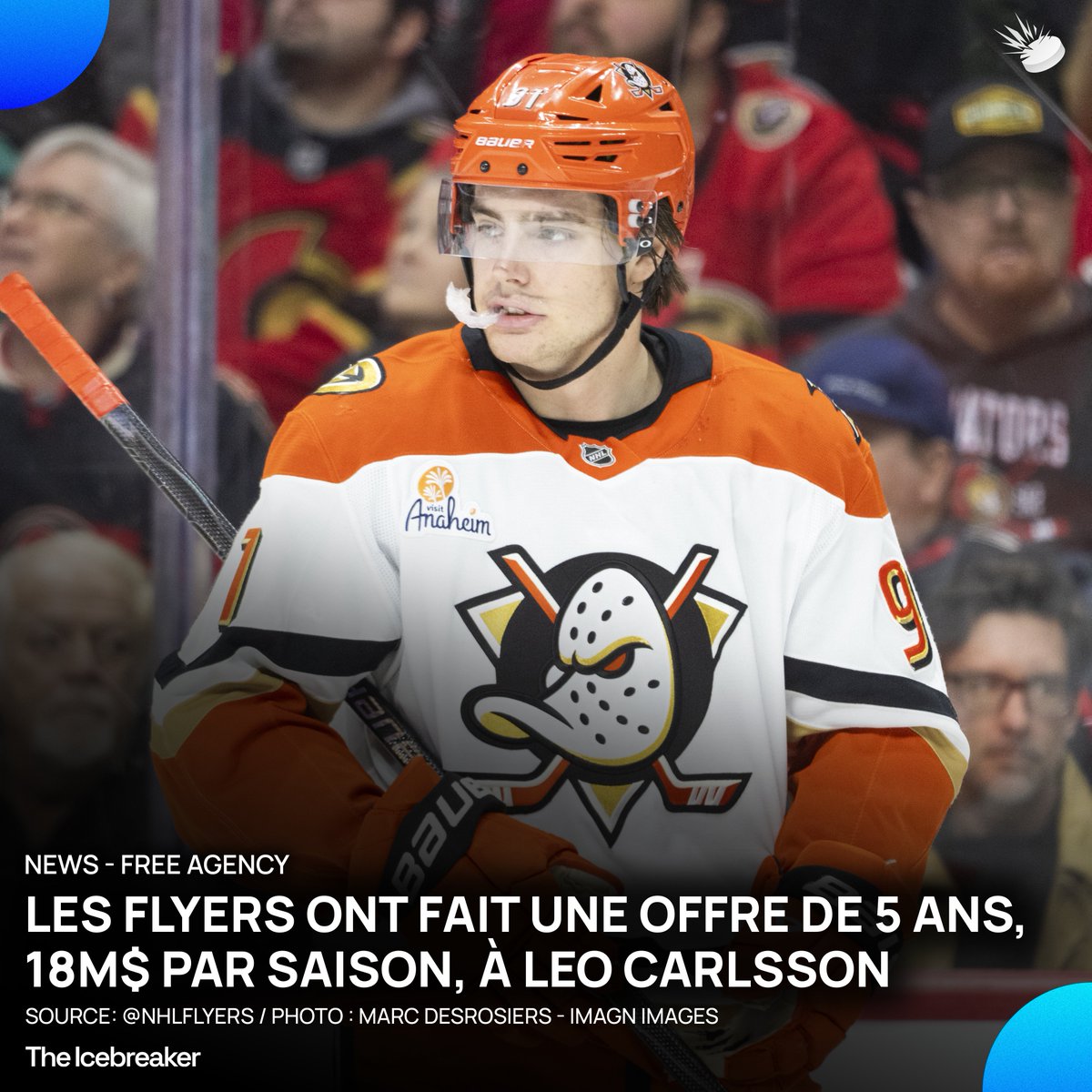 TheIcebreakerFR's tweet photo. Les Flyers ont soumis une offre de 5 ans à Leo Carlsson, d'une valeur de 18 millions de dollars par saison.

Les Ducks ont désormais 7 jours pour s'aligner sur cette offre. Dans le cas contraire, Leo Carlsson rejoindra Philadelphie et Anaheim recevra quatre choix de premier tour en compensation.