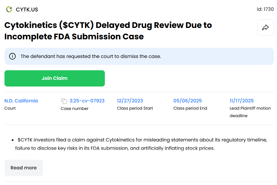 11thestate's tweet photo. $CYTK investors — in case you missed the latest.                  

A new case was filed against #Cytokinetics. Here are the key details.                  

Worth checking — and don’t forget to join so you don’t miss any updates or potential payouts. https://t.co/7HyYHsjTax