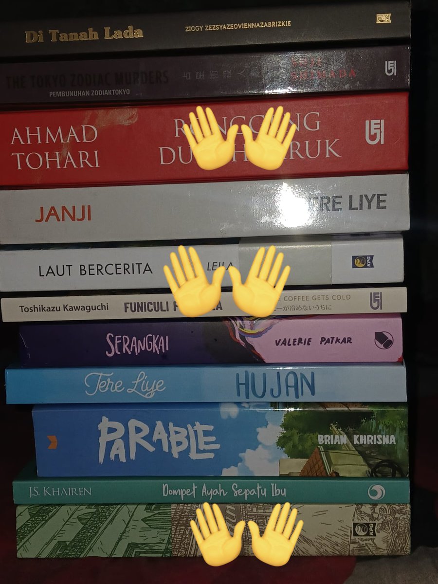 azituns's tweet photo. wts novel preloved harga 40k sampai 50k 

- Di Tanah Lada
- The Tokyo Zodiac Murders
- Janji by Tere Liye
- Serangkai
- Hujan
- Parable
- Dompet Ayah Sepatu Ibu

mau tanya harga dan cek kondi boleh dm, dom jaksel mau cod juga aman 🫶 #zonauangㅤ https://t.co/kmU75MUE7j