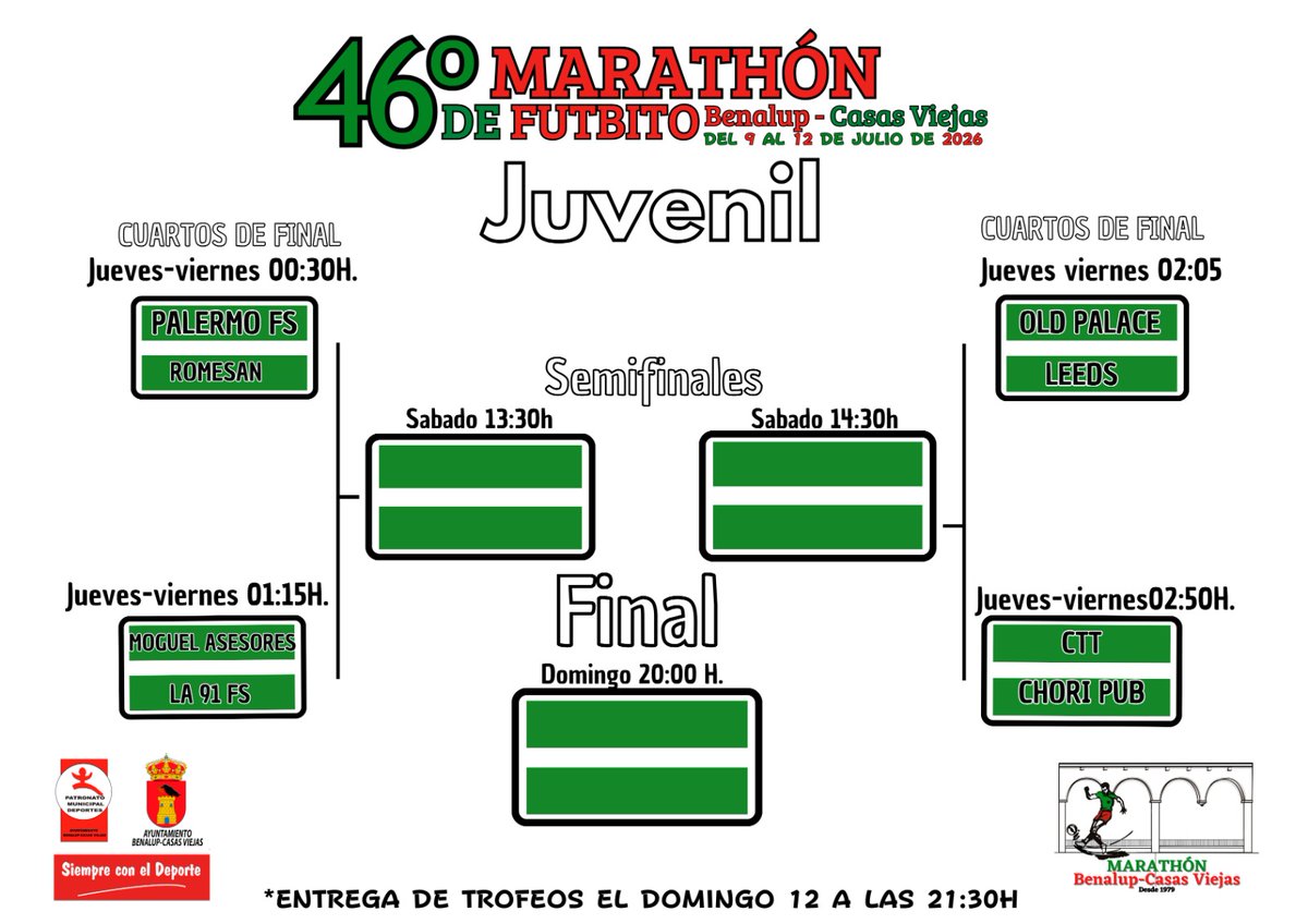 JAlconchel's tweet photo. Cuadrante del 46Marathón de Futbito 
De Benalup-CasasViejas del 2026.
#marathón #eventosdeportivos #deportes #benalup #ocio #verano2026 #benalupcasasviejas #casasviejas #culturalverano2026 #futbolsala https://t.co/5oHtXCBHRk