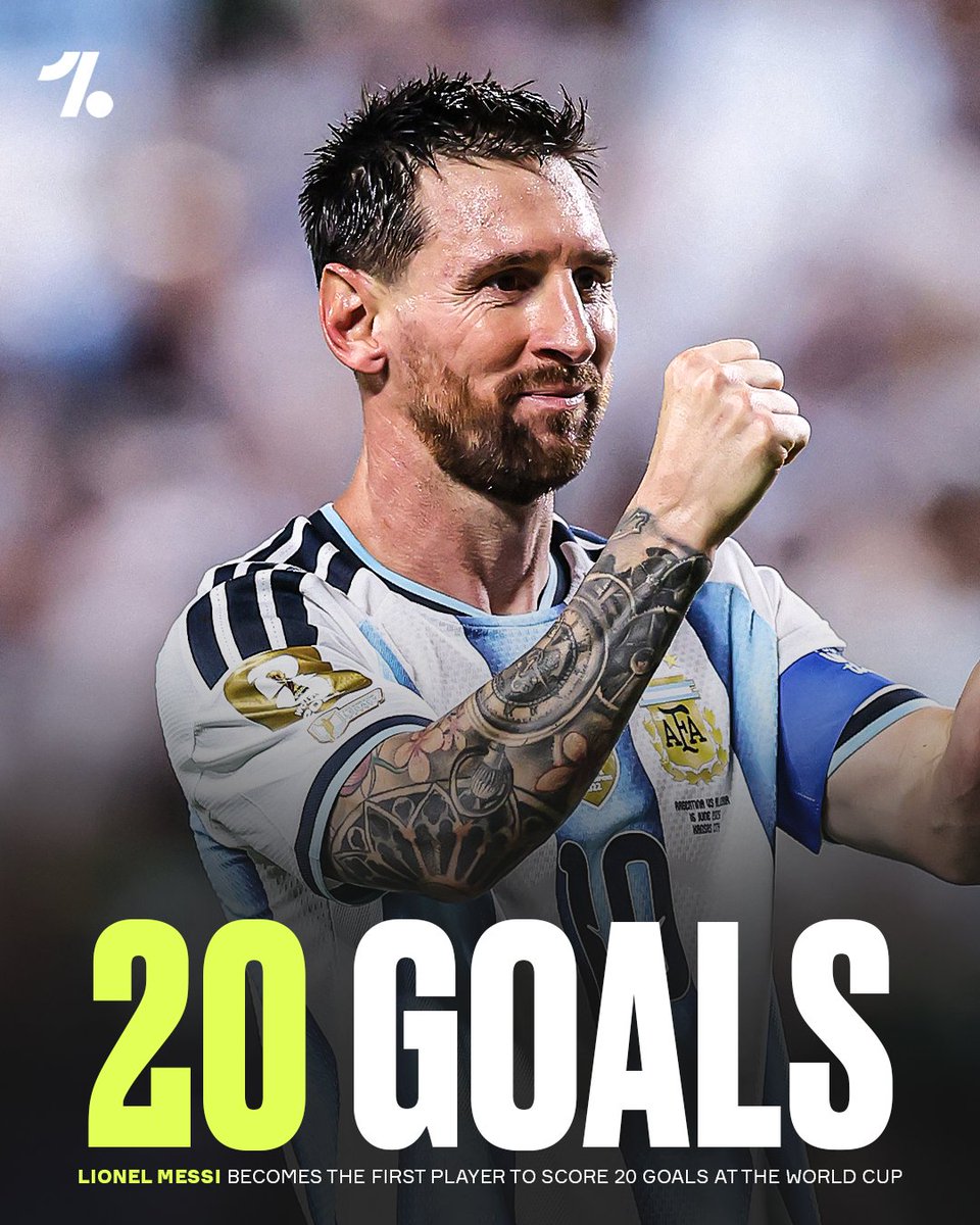 OneFootball's tweet photo. Lionel Messi is officially the first ever player to score 20 goals at the FIFA World Cup 🙌🇦🇷

Just GOAT things 🐐 https://t.co/1sZzhPrtGf
