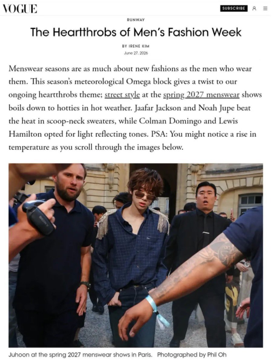CORTISBRASIL's tweet photo. Após o desfile da Dior Summer 2027 no Paris Fashion Week, #JUHOON introduziu a matéria “The Heartthrobs Of Men’s Fashion Week” com uma foto de Phil Oh, mesmo depois de ter aparecido na seleção de melhores outfits de ‘street style’ da VOGUE US.

🔗 https://t.co/P8ciqeHemU 

#CORTIS #코르티스 @cortis_bighit