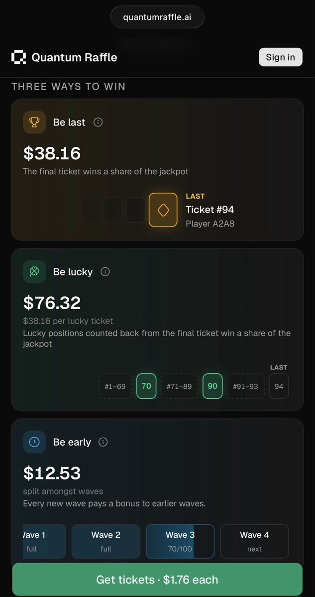 TantoNomini's tweet photo. In quantum raffle there are 3 ways to win:
Be last, be lucky, or be early. 

If you’re the final ticket sold or if your ticket is in one of the lucky power slots, you win a cut of the jackpot. 
The earlier you buy a ticket, the more of the Virality bonus you get. https://t.co/IwFWbeheo1