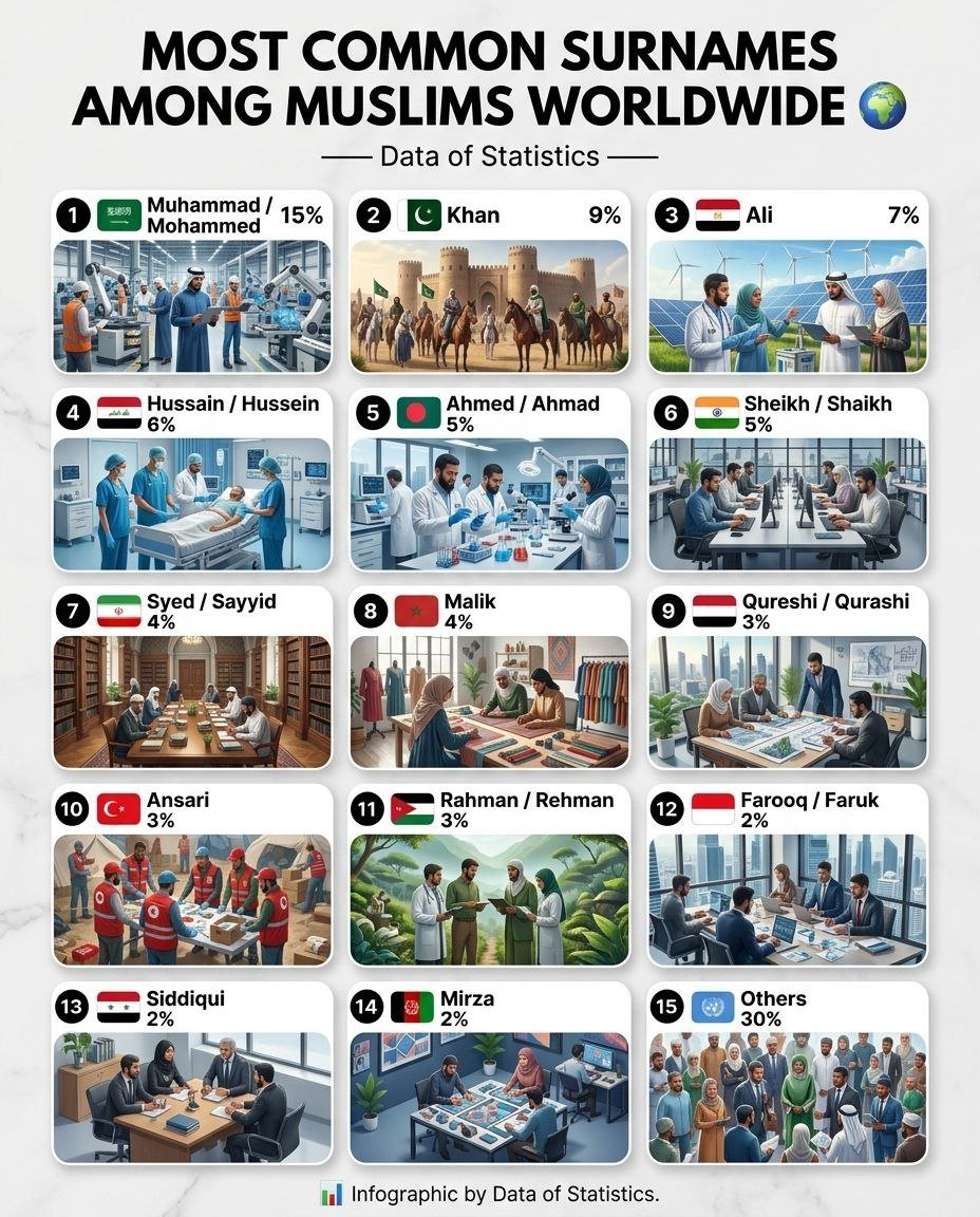 DataOfStats's tweet photo. Muslim Common Surname Among Muslim Worldwide 🌎

1. 🇸🇦 Muhammad / Mohammed (15%)
2. 🇵🇰 Khan (9%)
3. 🇪🇬 Ali (7%)
4. 🇮🇶 Hussain / Hussein (6%)
5. 🇧🇩 Ahmed / Ahmad (5%)
6. 🇮🇳 Sheikh / Shaikh (5%)
7. 🇮🇷 Syed / Sayyid (4%)
8. 🇲🇦 Malik (4%)
9. 🇾🇪 Qureshi / Qurashi (3%)
10. 🇹🇷 Ansari (3%)
11. 🇯🇴 Rahman / Rehman (3%)
12. 🇮🇩 Farooq / Faruk (2%)
13. 🇸🇾 Siddiqui (2%)
14. 🇦🇫 Mirza (2%)
15. 🇺🇳 Others (30%)

📊 Infographic by Data of Statistics.