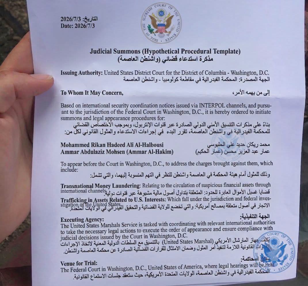 Ahmettnews's tweet photo. وثيقة متداولة | المحكمة الفيدرالية في #واشنطن تصدر مذكرة ملاحقة قضائية بحق محمد الحلبوسي وعمار الحكيم بتهمة غسيل الأموال العابرة للحدود. 

العاصمة واشنطن / بغداد
أظهرت وثيقة قضائية صادرة عن المحكمة الفيدرالية الأمريكية لـ "مقاطعة كولومبيا - واشنطن"، أمراً باستدعاء قضائي ومثول قانوني بحق رئيس مجلس النواب العراقي السابق محمد ريكان حديد الحلبوسي، ورئيس تيار الحكمة الوطني عمار الحكيم

ووفقاً للوثيقة المتداولة، فإن الإجراءات القانونية تحركت بناءً على مذكرات تنسيق أمني دولي صادرة عبر قنوات الشرطة الدولية (الإنتربول)، وذلك للنظر في تهم جنائية مالية منسوبة إليهما تشمل غسيل الأموال العابرة للحدود عبر تداول أصول مالية مشبوهة، بالإضافة إلى الاتجار في أصول متعلقة بالأنشطة والمصالح الأمريكية الخاضعة للولاية القضائية والتحقيق الفيدرالي في الولايات المتحدة