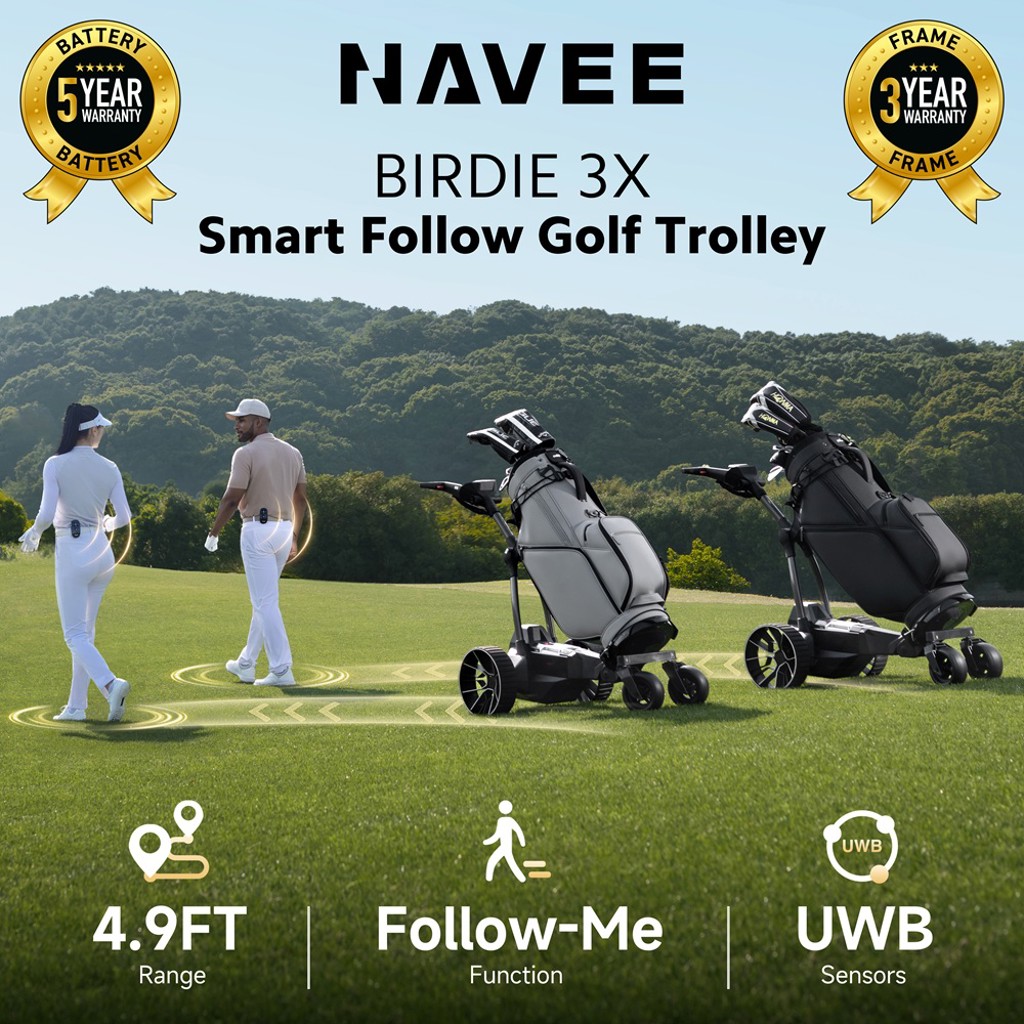 GolfOnline's tweet photo. 🚨 PRE-ORDER NOW 🚨

The new NAVEE Birdie 3X Remote Control Follow Electric Golf Trolley has arrived. ⛳👀

🚶 Follow mode
🎮 Remote control
🔋 Up to 36 holes of battery life

Would you use a trolley that follows you around the course?

#Navee #GolfTech #ElectricGolfTrolley https://t.co/h8TryuuEXx