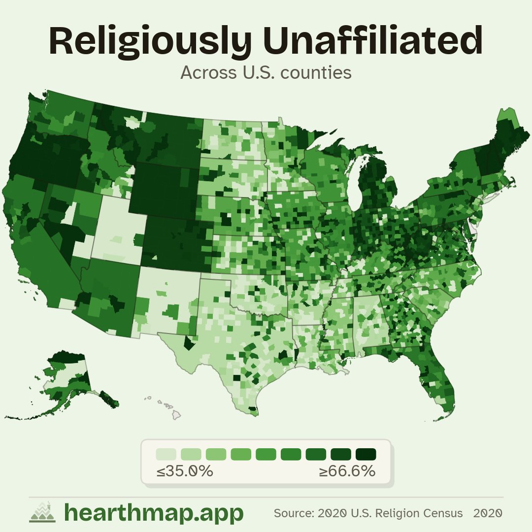 hearthmap's tweet photo. New Hampshire leads the entire country for religiously unaffiliated adults, with Vermont and Maine right behind. Then it falls off a cliff into the Deep South, where Mississippi and Arkansas counties sit near the bottom. Where does your county land on the map? https://t.co/2KyMOZKdxl