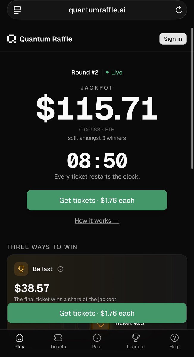 TantoNomini's tweet photo. While the current quantum raffle game is a test, it is on mainnet with very real money. The test is more to stress test the front end and some of the offchain systems. 
$2 tickets, $115 jackpot so far https://t.co/UCdNRsuZN8